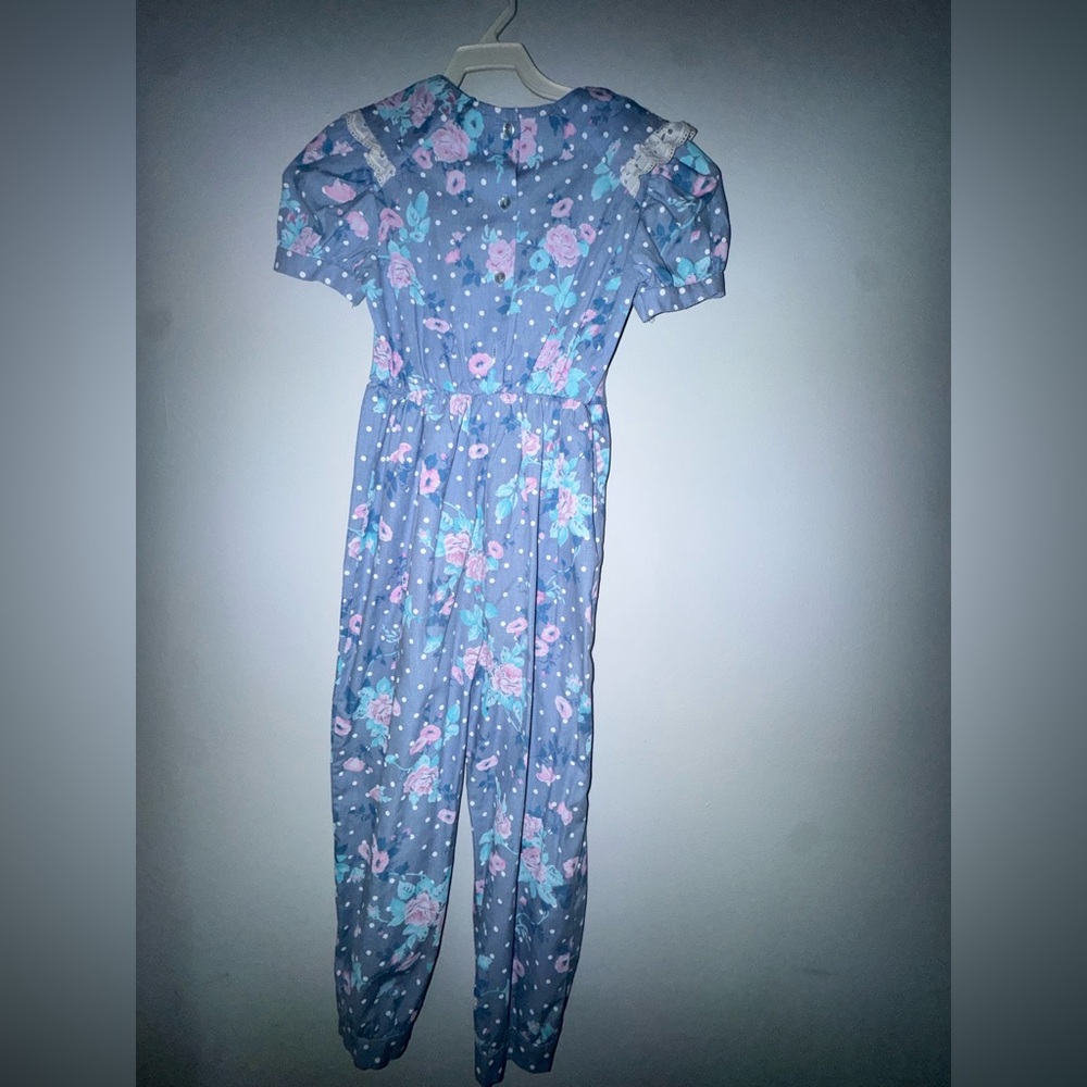 Vintage Blue Floral Jumpsuit with Pink Accents